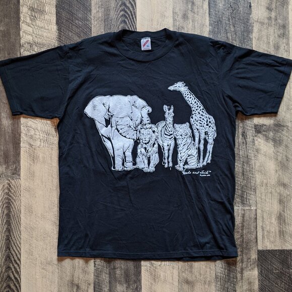 Vintage Linda Lori Heads and Tails Puff Print T-Shirt Black XL Zoo Animals - Picture 1 of 7